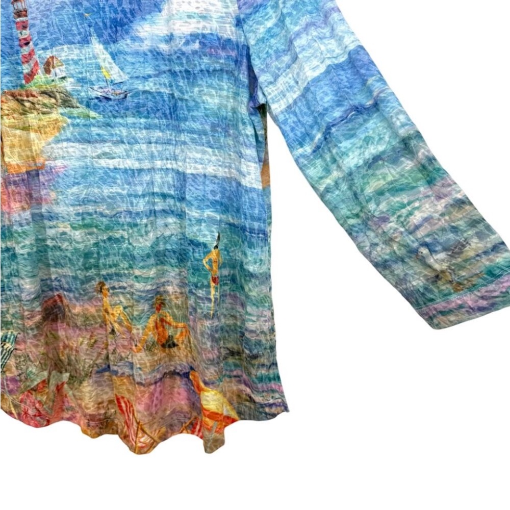 Ali Miles Large Blue Tropical Ocean Beach Sailing Blouse Shirt Top Unique Artsy - Picture 5 of 6